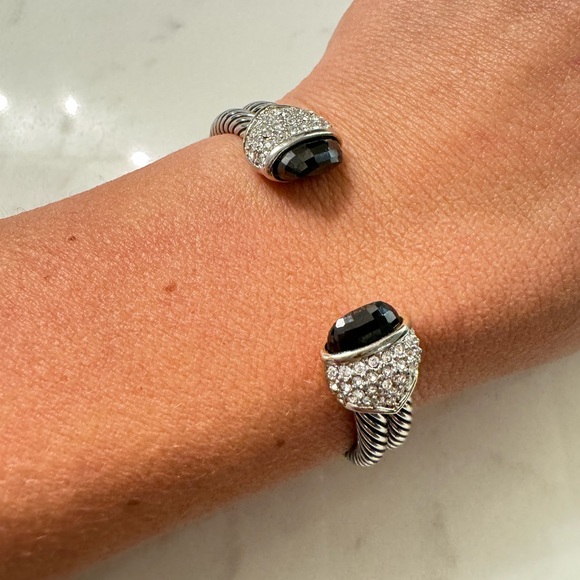 Cable Cuff Bracelet with Black Crystals and CZ, Silver Tone Adjustable Open Cuff - Picture 12 of 16